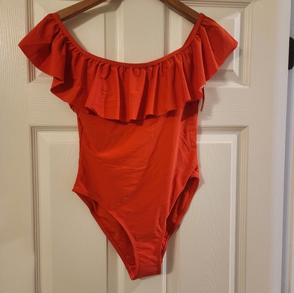 Uncommon Sense Red Ruffle on or off shoulder swimsuit Size M - Picture 2 of 11